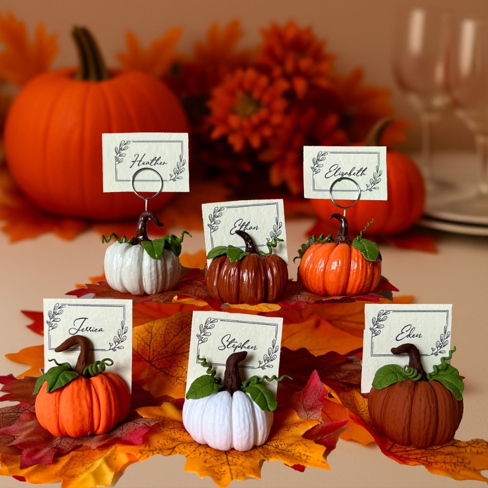 Handmade Pumpkin Place Card Holders Set of 2 –Clay Fall Thanksgiving Table Decor